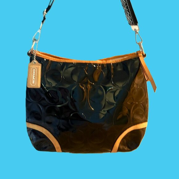 Vintage Coach Peyton Black Patent-Leather Shoulder Bag Tan Leather Trim - Picture 2 of 12
